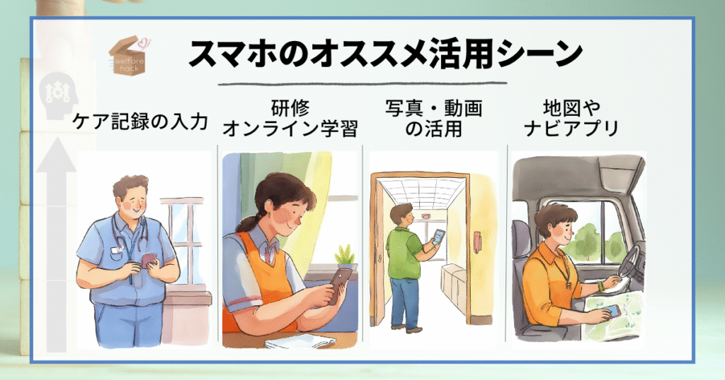 スマホの活用シーン、
ケア記録の入力、写真・動画の活用、研修・オンライン学習、地図やナビアプリ