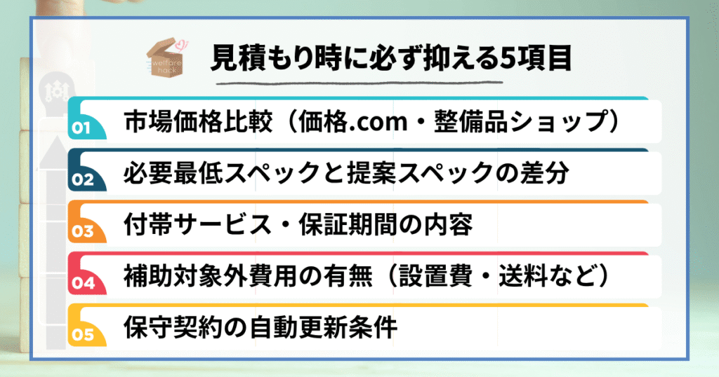 導入前チェックリスト|見積もり時に必ず抑える5項目
市場価格比較(価格.com・整備品ショップ)
必要最低スペックと提案スペックの差分
付帯サービス・保証期間の内容
補助対象外費用の有無(設置費・送料など)
保守契約の自動更新条件