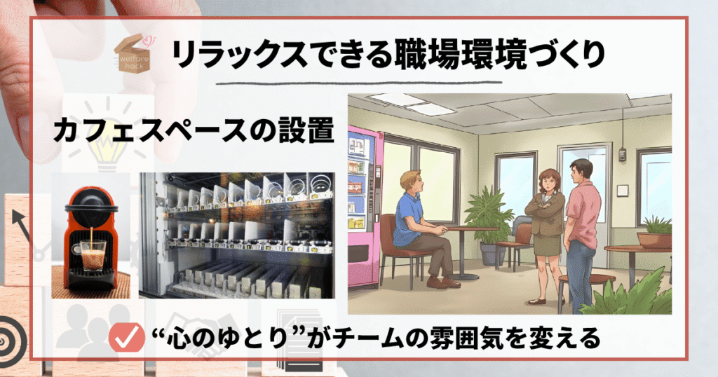 リラックスできる職場環境づくり
カフェスペースの設置
“心のゆとり”がチームの雰囲気を変える