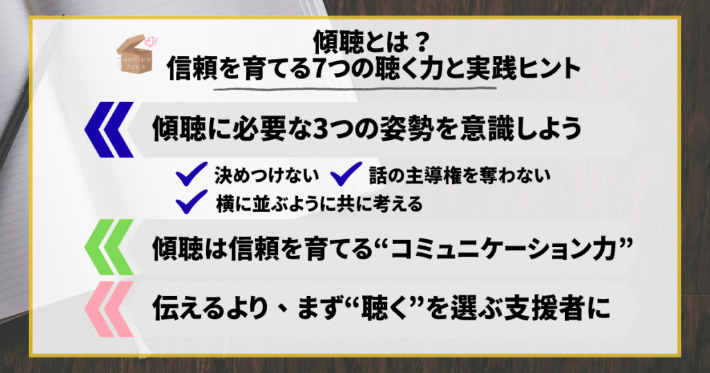 傾聴とは?信頼を育てる7つの聴く力と実践ヒント
傾聴に必要な3つの姿勢を意識しよう
決めつけない、話の主導権を奪わない、横に並ぶように共に考える
傾聴は信頼を育てる“コミュニケーション力”
えるより、まず“聴く”を選ぶ支援者に