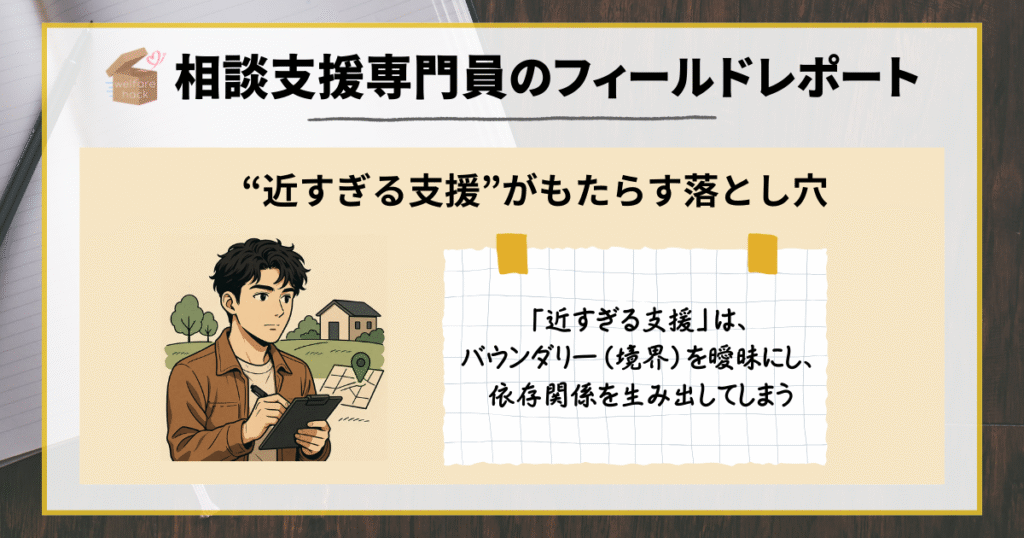 相談支援専門員のフィールドレポート|“近すぎる支援”がもたらす落とし穴
近すぎる支援」は、バウンダリー(境界)を曖昧にし、依存関係を生み出してしまう