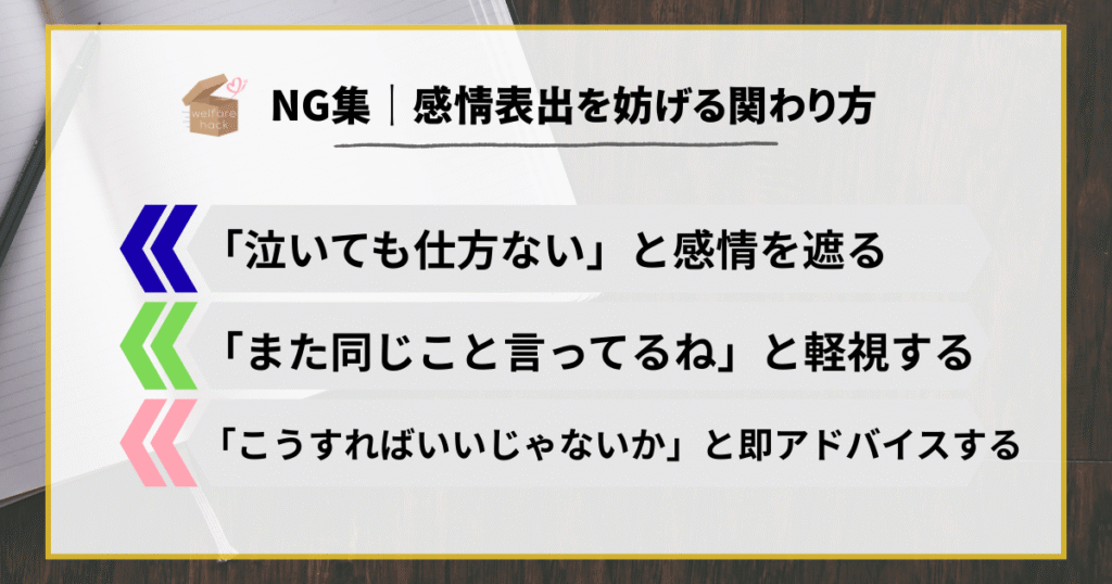 NG集|感情表出を妨げる関わり方
「泣いても仕方ない」と感情を遮る
「また同じこと言ってるね」と軽視する
「こうすればいいじゃないか」と即アドバイスする